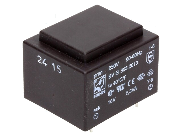 Transformator: ingegoten; 2,3VA; 230VAC; 15V; 153mA; PCB; BVEI Transformator: ingegoten; 2,3VA; 230VAC; 15V; 153mA; PCB; BVEI
